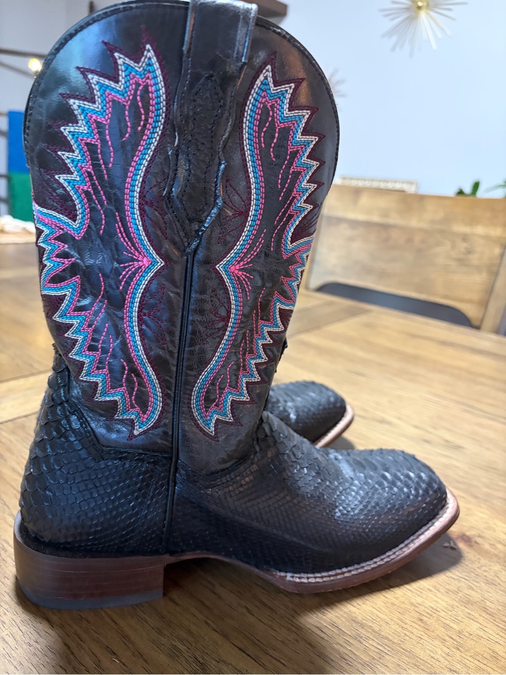 Dan Post Black Python Western Boot with Pink & Teal Stitching - Picture 3 of 16